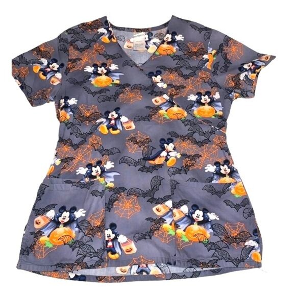 Disney Halloween Mickey Mouse Scrub Top XS Gray Cotton V-Neck Short Sleeve With - Picture 3 of 5